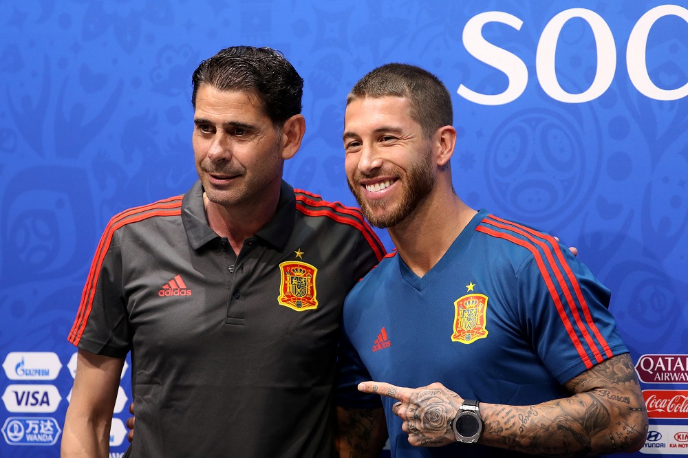 Spain coach Fernando Hierro (left) and Sergio Ramos during a press conference in Sochi June 14, 2018. u00e2u20acu201d Reuters pic