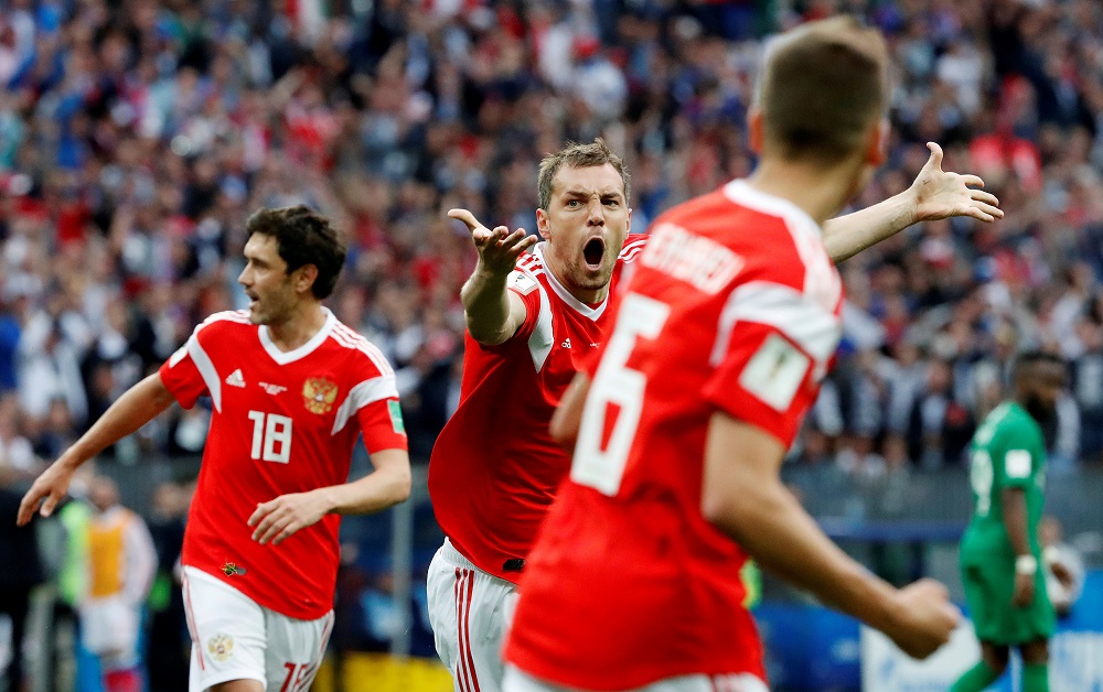 Russia's Artem Dzyuba celebrates scoring their third goal against Saudi Arabia in Moscow June 14, 2018. u00e2u20acu201d Reuters pic