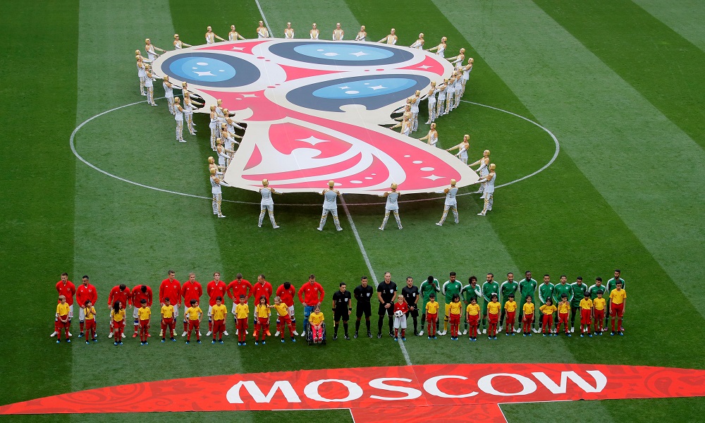 Players line up before the match in Moscow June 14, 2018. u00e2u20acu201d Reuters pic