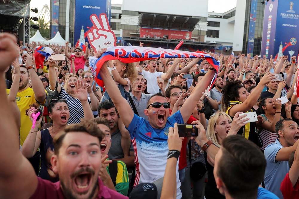 Fans celebrate Russiau00e2u20acu2122s fifth goal against Saudi Arabia in Rostov-on-Don, Russia June 14, 2018. u00e2u20acu201d Reuters pic