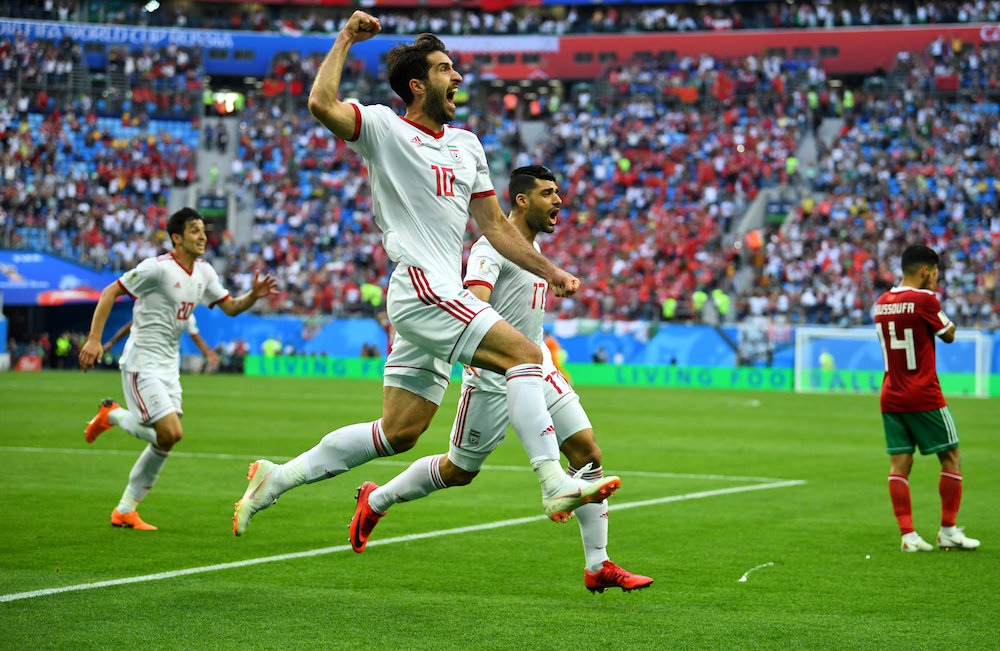 Iranu00e2u20acu2122s Karim Ansarifard and Mehdi Taremi celebrate their first goal against Morocco during the Group B match at the 2018 Fifa World Cup in Saint Petersburg June 15, 2018. u00e2u20acu201d Reuters pic
