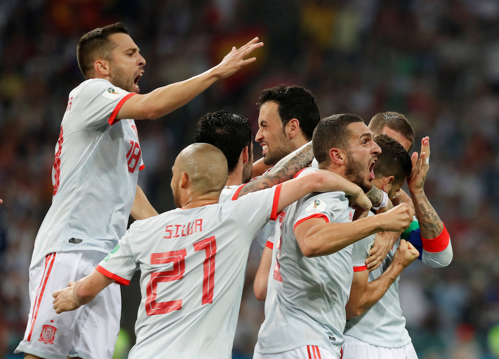 Spainu00e2u20acu2122s Nacho celebrates scoring their third goal against Portugal at the 2018 Fifa World Cup in Sochi June 15, 2018. u00e2u20acu201d Reuters pic