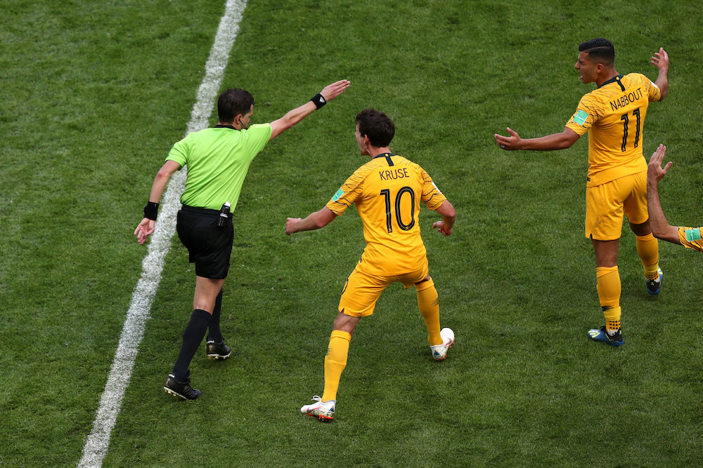Referee Andres Cunha awards a penalty to France after a VAR (Video Assistant Referee) review during the Group C match against Australia at the 2018 Fifa World Cup in Kazan June 16, 2018. u00e2u20acu201d Reuters pic