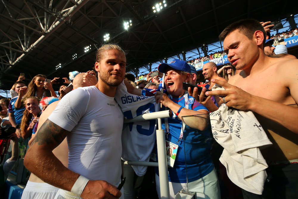 Icelandu00e2u20acu2122s Rurik Gislason celebrates with the fans at the end of the Group D match against Argentina in Moscow June 16, 2018. u00e2u20acu201d Reuters pic