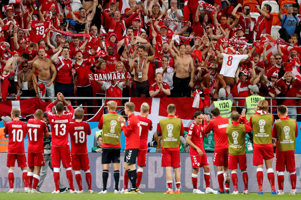 Denmark fans celebrate victory as the players applaud after the Group C match against Peru in Saransk June 16, 2018. u00e2u20acu201d Reuters pic