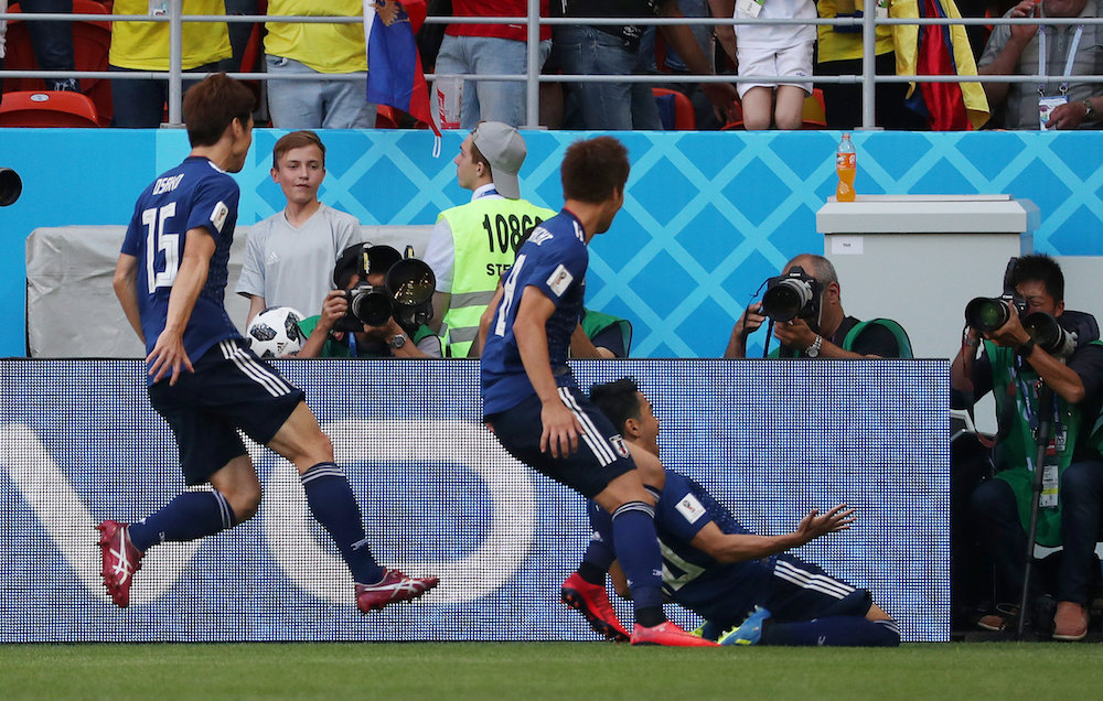 Japanu00e2u20acu2122s Shinji Kagawa celebrates scoring their first goal against Colombia during the Group H match at the 2018 Fifa World Cup in Saransk June 19, 2018. u00e2u20acu201d Reuters pic