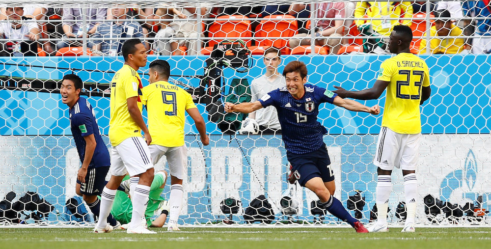 Japanu00e2u20acu2122s Yuya Osako celebrates scoring their second goal against Colombia during the Group H match at the 2018 Fifa World Cup in Saransk June 19, 2018. u00e2u20acu201d Reuters pic