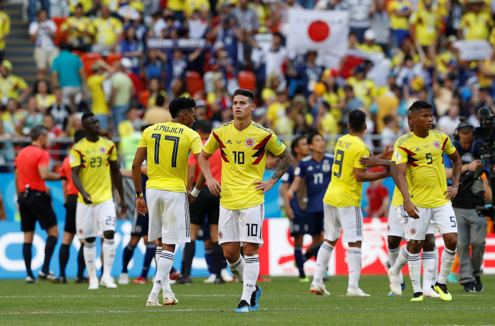 Colombiau00e2u20acu2122s James Rodriguez and team mates look dejected after the Group H match against Japan in Saransk June 19, 2018. u00e2u20acu201d Reuters pic