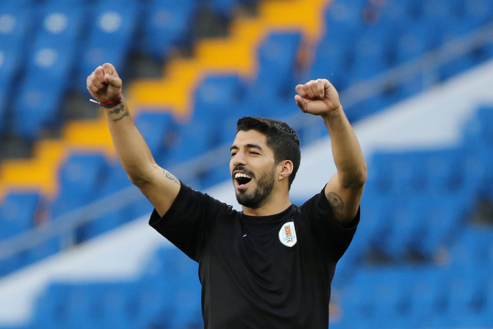 Uruguayu00e2u20acu2122s Luis Suarez cheers during training in Rostov-on-Don June 19, 2018. u00e2u20acu201d Reuters pic