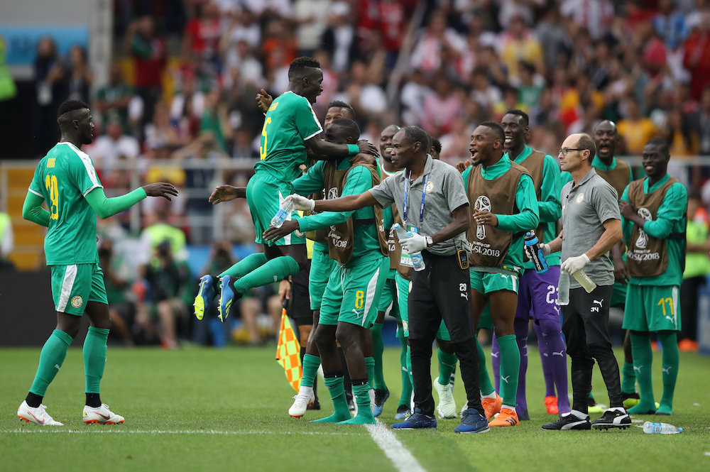 Senegal players celebrate after Polandu00e2u20acu2122s Thiago Cionek scored an own goal and the first goal for Senegal during their Group H match at the 2018 Fifa World Cup in Moscow June 19, 2018. u00e2u20acu201d Reuters pic