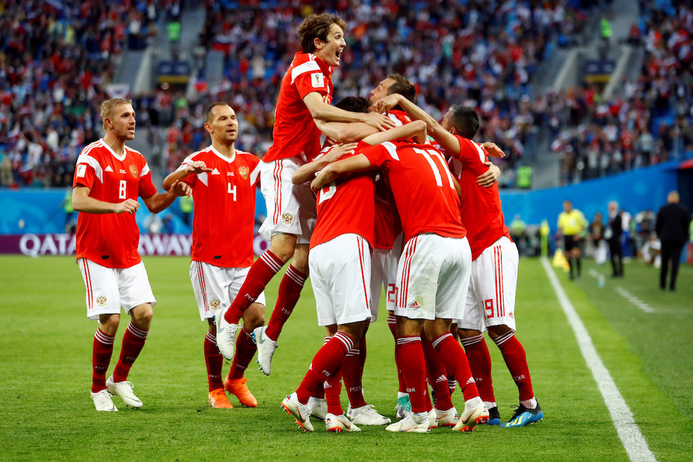 Russia celebrate their first goal scored by Egyptu00e2u20acu2122s Ahmed Fathy during the Group A match at the 2018 Fifa World Cup in Saint Petersburg June 19, 2018. u00e2u20acu201d Reuters pic