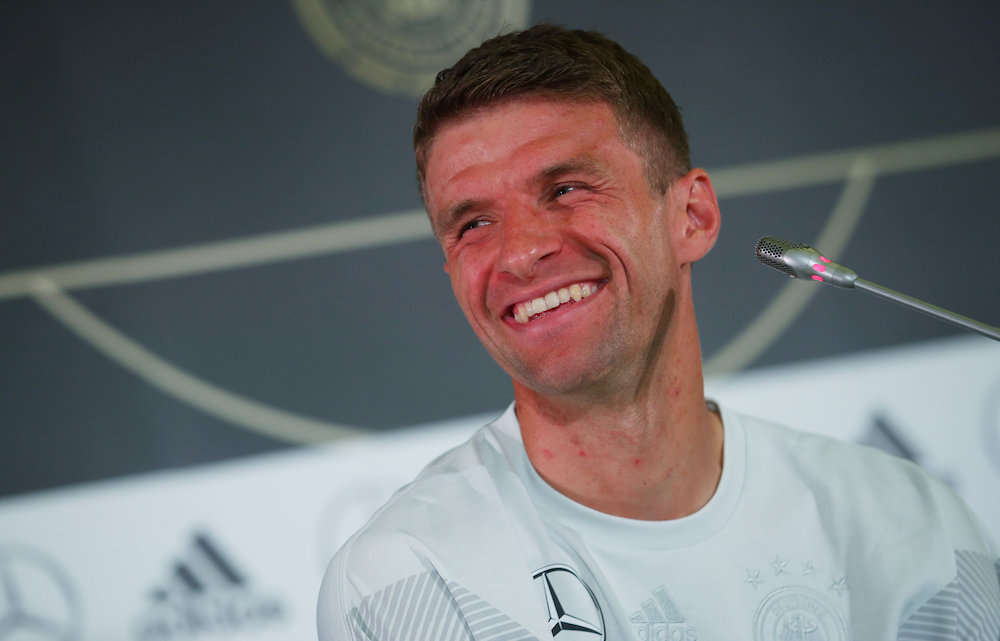 Germanyu00e2u20acu2122s Thomas Muller smiles during the press conference in Sochi June 20, 2018. u00e2u20acu201d Reuters pic