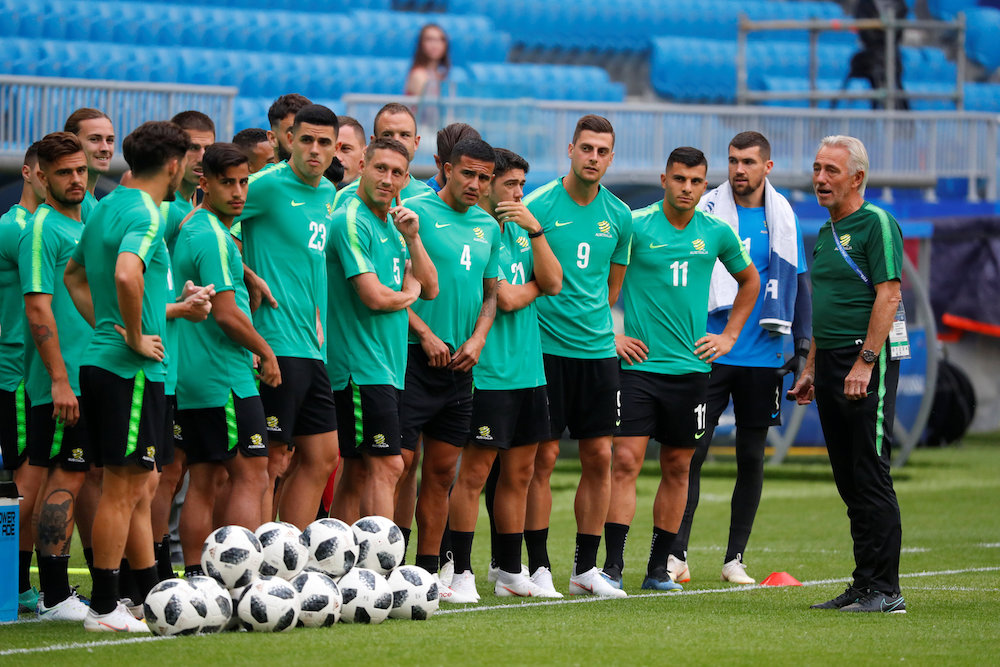 Australia players and coach Bert van Marwijk are seen during training in Samara June 20, 2018. u00e2u20acu201d Reuters pic