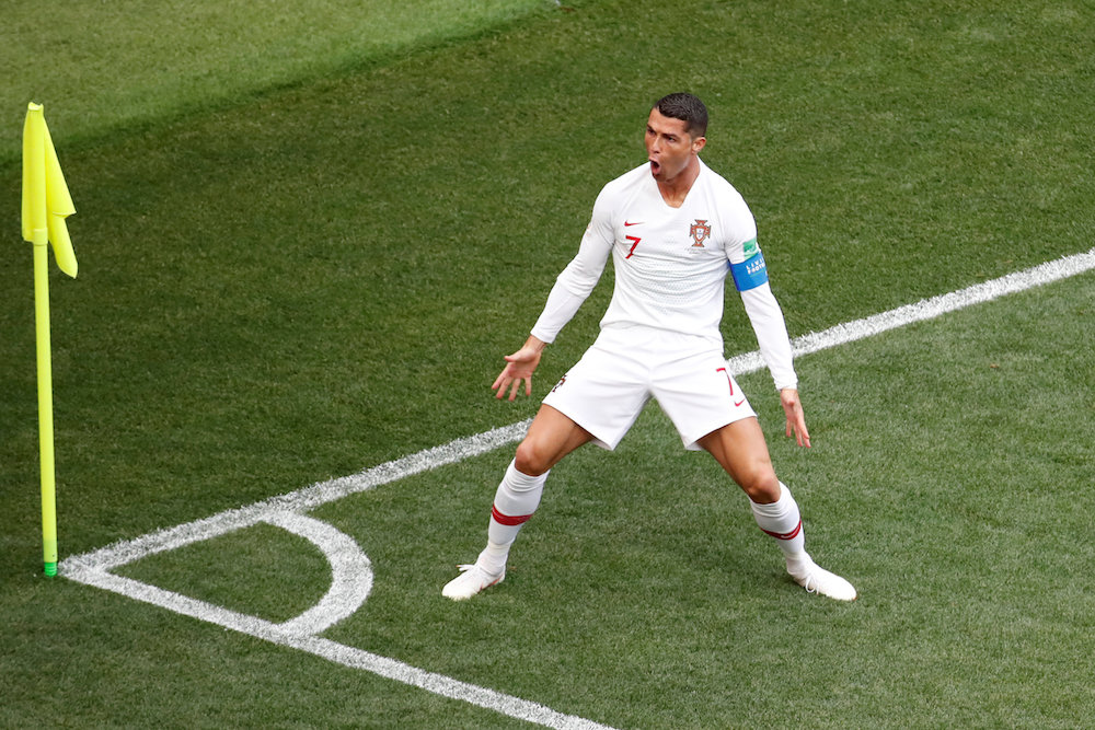 Portugalu00e2u20acu2122s Cristiano Ronaldo celebrates scoring their first goal against Morocco at the 2018 Fifa World Cup in Moscow June 20, 2018. u00e2u20acu201d Reuters pic