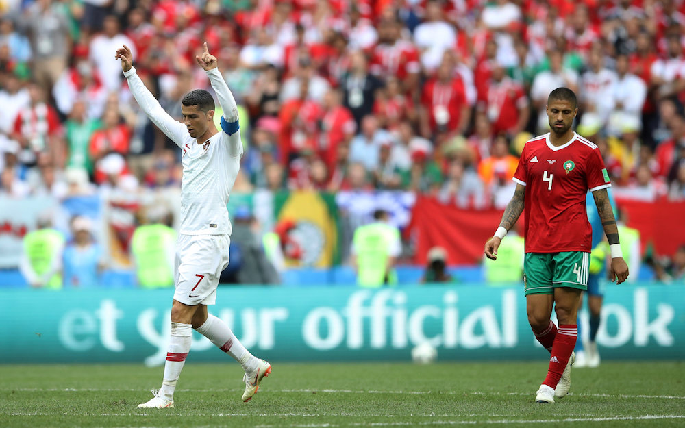 Portugalu00e2u20acu2122s Cristiano Ronaldo celebrates as Moroccou00e2u20acu2122s Manuel da Costa looks dejected after the Group B match in Moscow June 20, 2018. u00e2u20acu201d Reuters pic