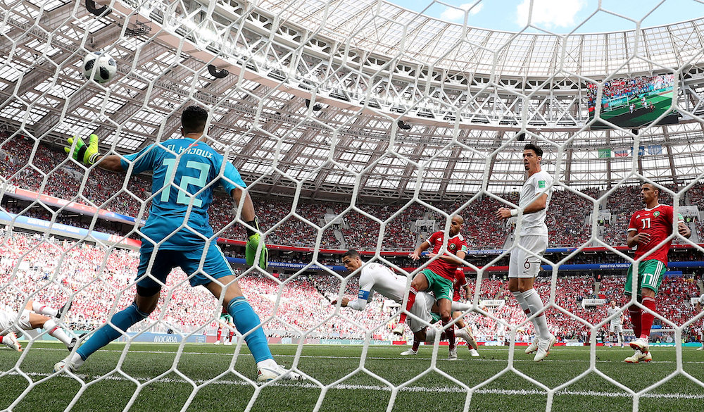 Portugalu00e2u20acu2122s Cristiano Ronaldo scores their first goal against Morocco at the 2018 Fifa World Cup in Moscow June 20, 2018. u00e2u20acu201d Reuters pic