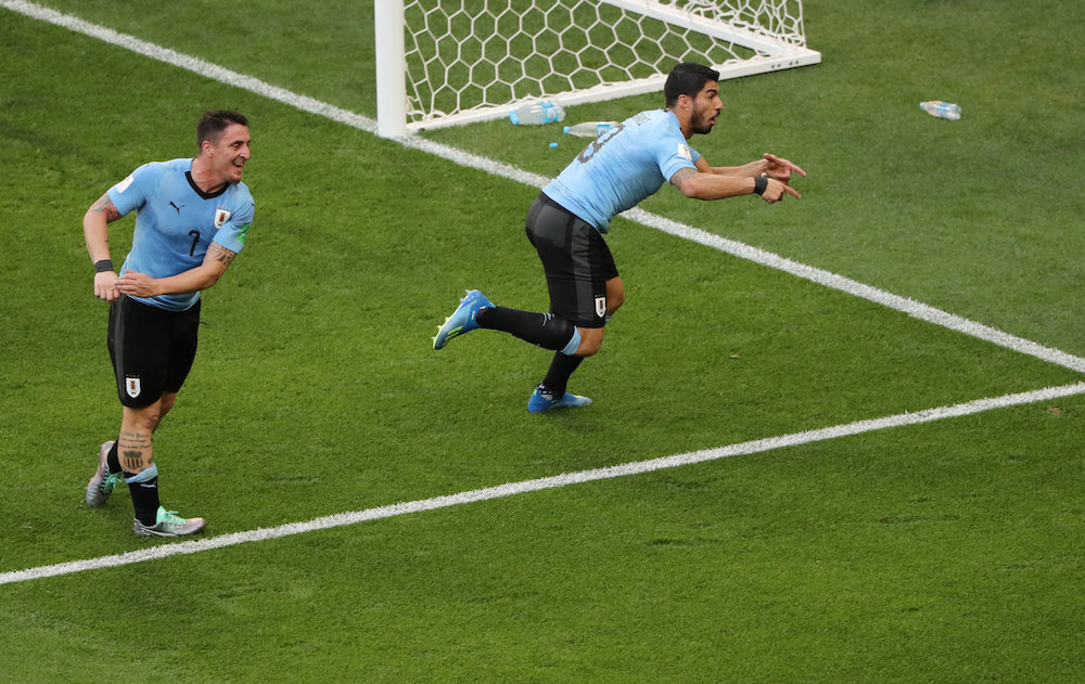 Uruguayu00e2u20acu2122s Luis Suarez celebrates scoring their first goal against Saudi Arabia at the 2018 Fifa World Cup in Rostov-on-Don June 20, 2018. u00e2u20acu201d Reuters pic