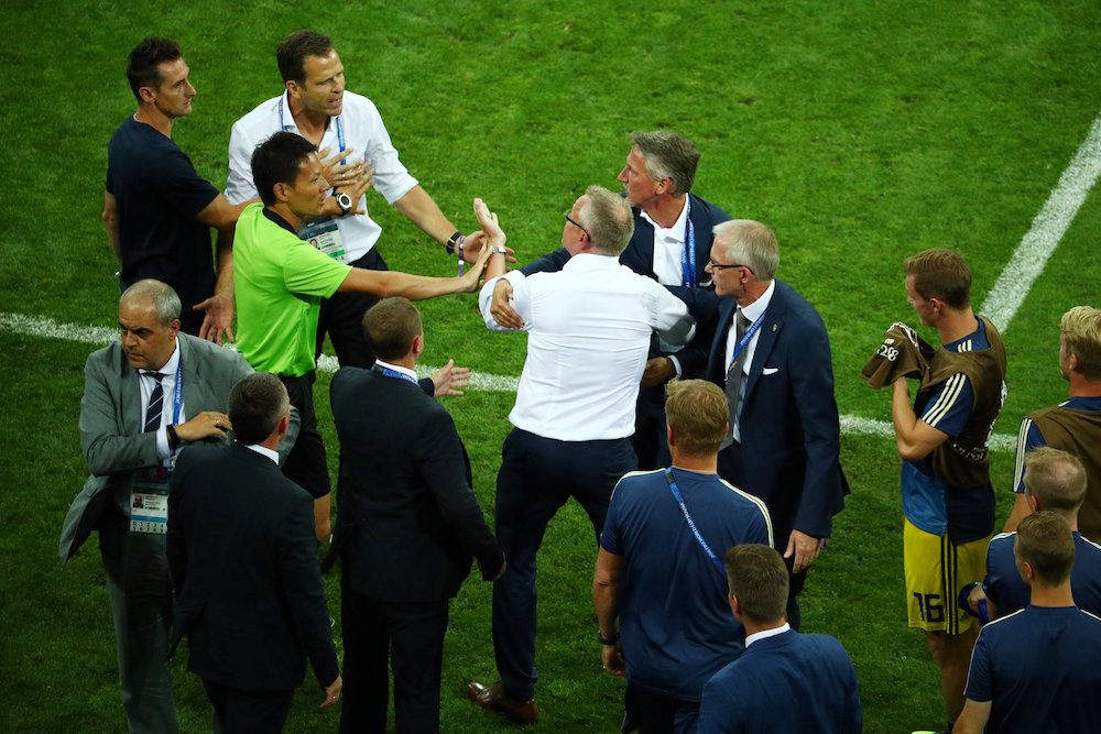 Sweden coach Janne Andersson clashes with Germany team manager Oliver Bierhoff after the match at the 2018 Fifa World Cup in Sochi June 23, 2018. u00e2u20acu201d Reuters pic