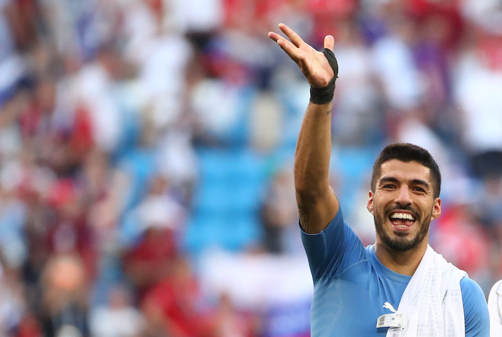 Uruguayu00e2u20acu2122s Luis Suarez celebrates after the match against Russia at the 2018 Fifa World Cup in Samara June 25, 2018. u00e2u20acu201d Reuters pic