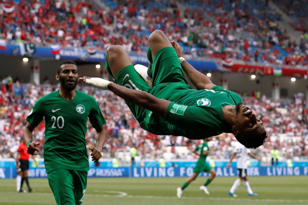 Saudi Arabiau00e2u20acu2122s Salem Al-Dawsari celebrates scoring their second goal against Egypt at the 2018 Fifa World Cup in Volgograd June 25, 2018. u00e2u20acu201d Reuters pic