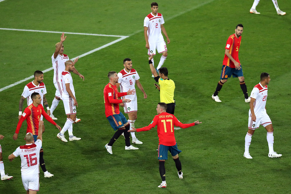 Spainu00e2u20acu2122s Sergio Ramos appeals to referee Ravshan Irmatov after Iago Aspas scored their second goal which is initially ruled offside before a VAR referral at the 2018 Fifa World Cup in Sochi June 25, 2018. u00e2u20acu201d Reuters pic