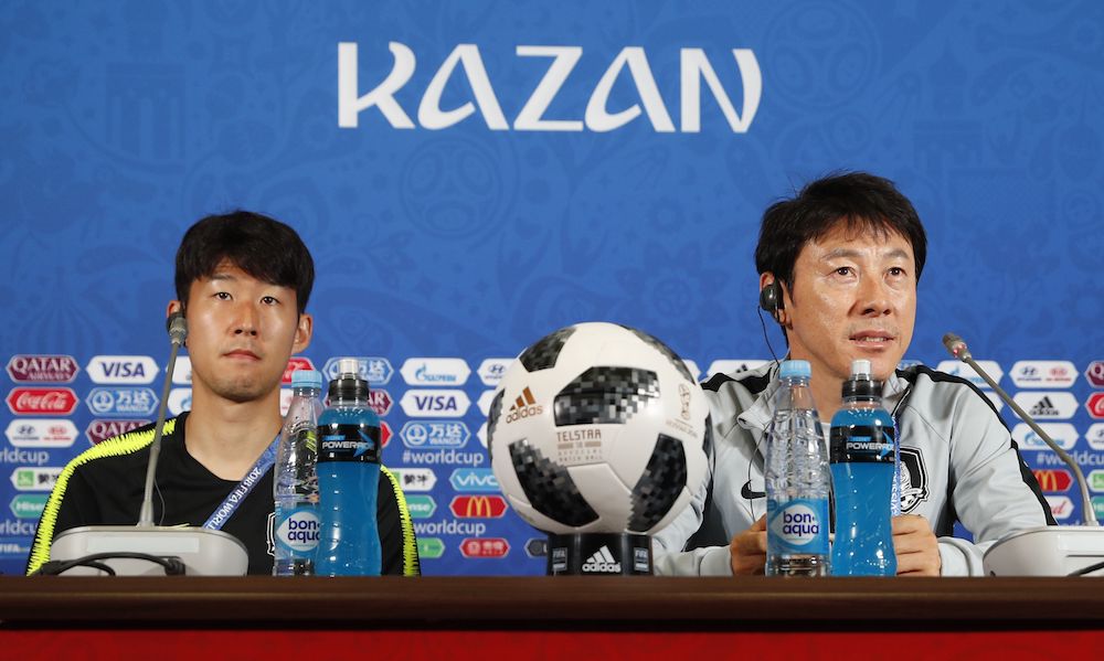 South Koreau00e2u20acu2122s coach Shin Tae-yong and player Son Heung-min attend a news conference for the 2018 Fifa World Cup in Kazan June 26, 2018. u00e2u20acu201d Reuters pic