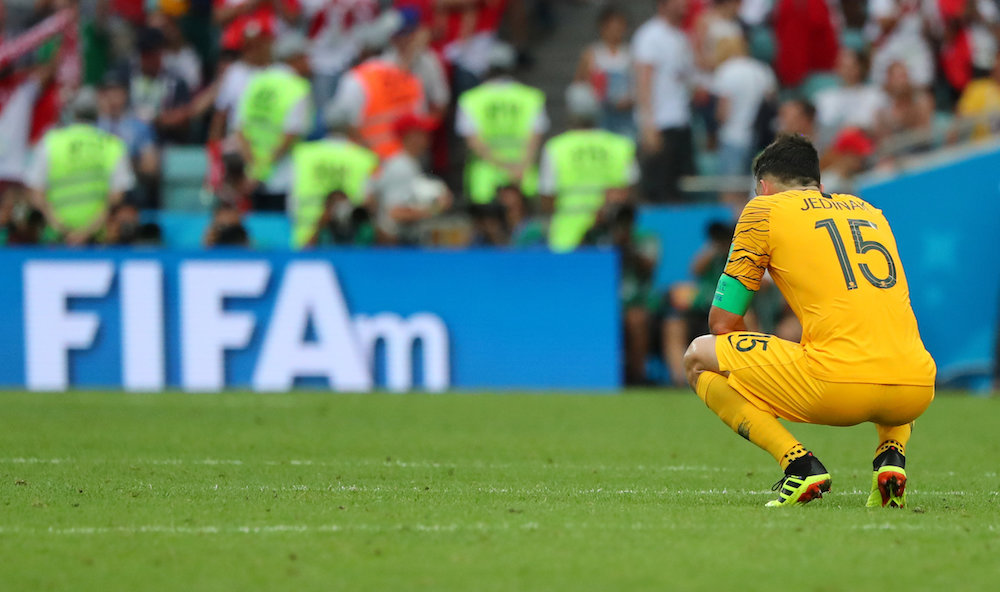 Australiau00e2u20acu2122s Mile Jedinak looks dejected after the match against Peru at the 2018 Fifa World Cup in Sochi June 26, 2018. u00e2u20acu201d Reuters pic