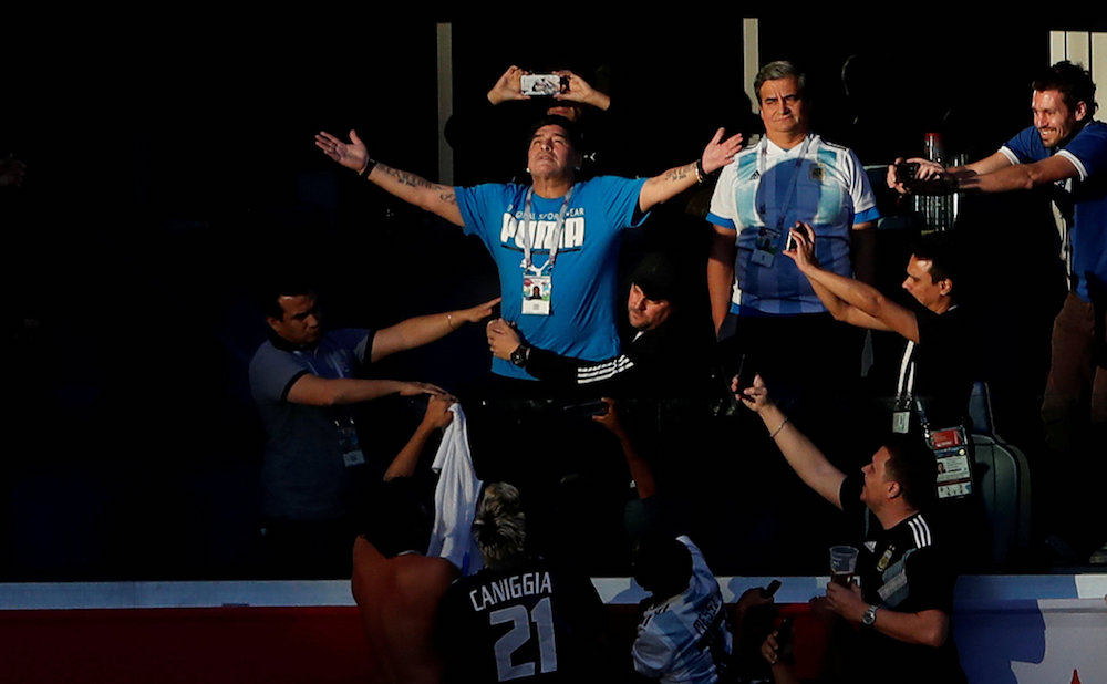 Fans take photos of Diego Maradona in the stands before the match between Argentina and Nigeria in St Petersburg June 26, 2018. u00e2u20acu201d Reuters pic