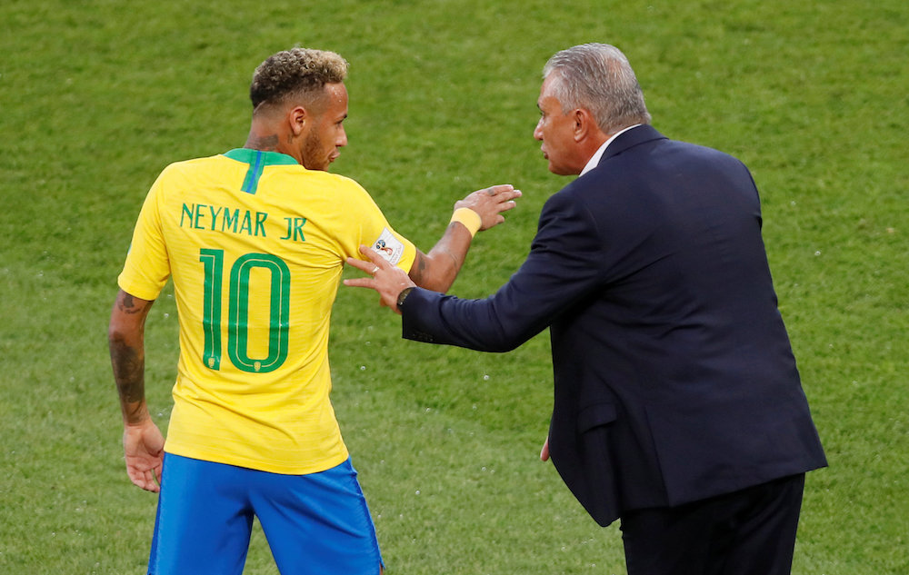 Brazil coach Tite gives instructions to Neymar during the match against Serbia at the 2018 Fifa World Cup June 27, 2018. u00e2u20acu201d Reuters pic 