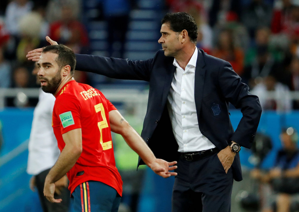 Spain coach Fernando Hierro gestures next to Dani Carvajal during the match against Morocco at the 2018 Fifa World Cup in Kaliningrad June 25, 2018. u00e2u20acu201d Reuters pic