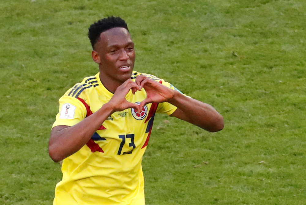 Colombiau00e2u20acu2122s Yerry Mina celebrates scoring their first goal against Senegal at the 2018 Fifa World Cup in Samara June 28, 2018. u00e2u20acu201d Reuters pic
