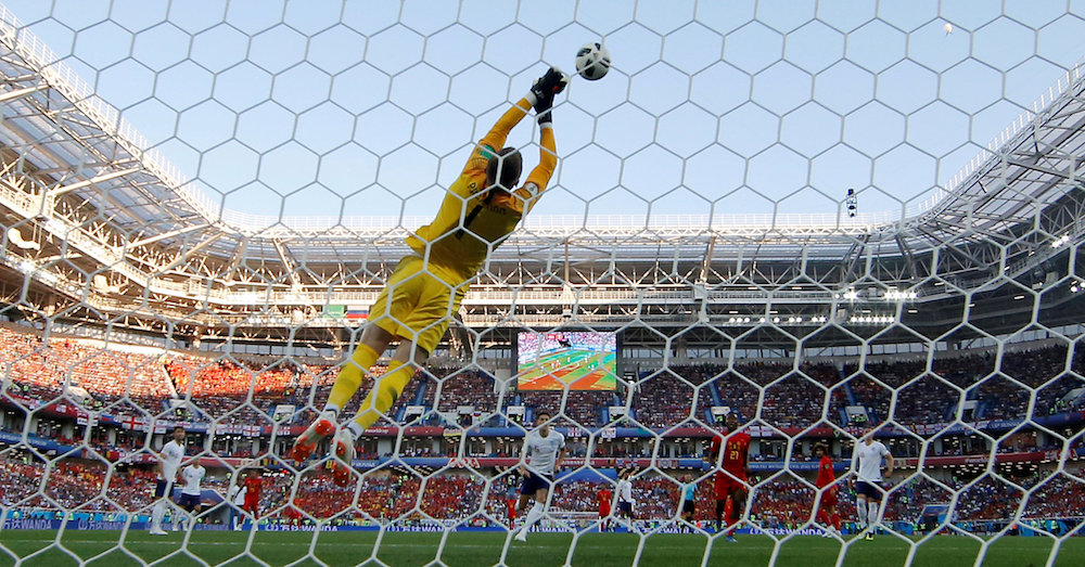 Englandu00e2u20acu2122s Jordan Pickford makes a save during the 2018 Fifa World Cup Group G match against Belgium in Kaliningrad June 28, 2018. u00e2u20acu201d Reuters pic