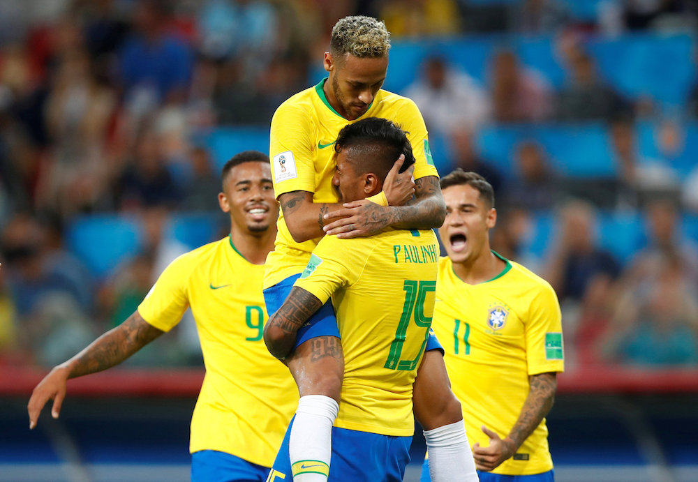 Brazil's Paulinho celebrates with Neymar after scoring their first goal against Serbia at Spartak Stadium, Moscow June 27, 2018. u00e2u20acu201d Reuters pic