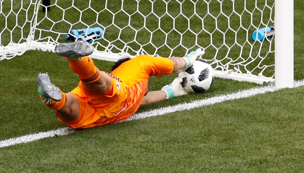 Japan's Eiji Kawashima concedes a goal scored by Colombia's Juan Fernando Quintero at Mordovia Arena, Saransk June 19, 2018. u00e2u20acu201d Reuters pic