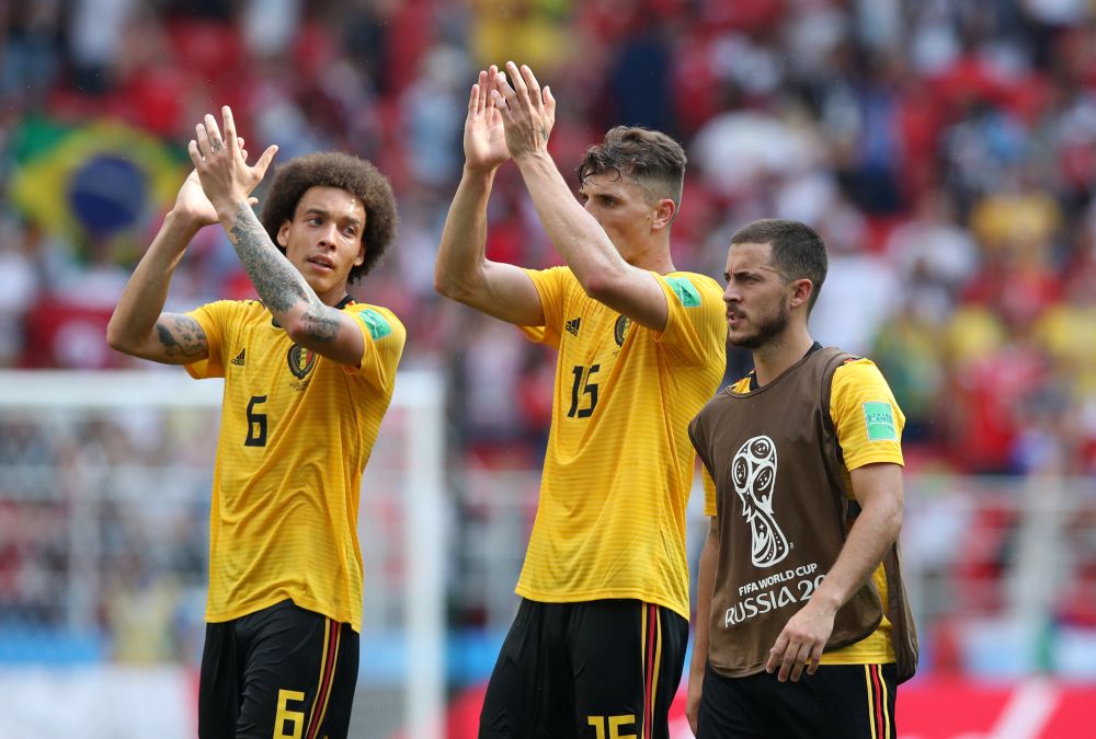 Belgiumu00e2u20acu2122s Axel Witsel, Thomas Meunier and Eden Hazard after the match against Tunisia Spartak Stadium, Moscow, Russia, June 23, 2018. u00e2u20acu2022 Reuters pic