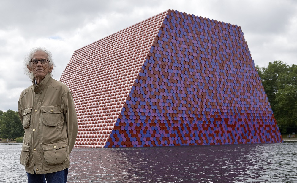 Bulgarian artist Christo Vladimirov Javacheff, better known as 'Christo', poses for a photograph as he unveils his artwork, 'The Mastaba' on the Serpentine lake in Hyde Park in London on June 18, 2018. u00e2u20acu201d AFP pic
