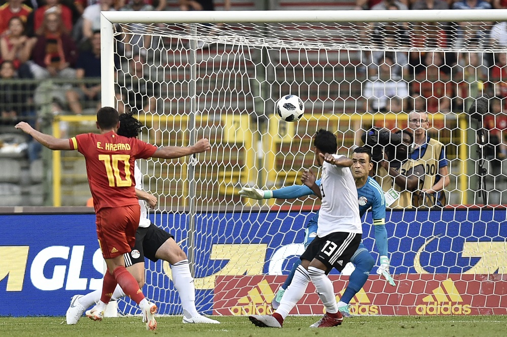 Belgium's forward Eden Hazard shoots and scores a goal during the international friendly football match between Belgium and Egypt at the King Baudouin Stadium, in Brussels, on June 6, 2018. u00e2u20acu201d AFP pic