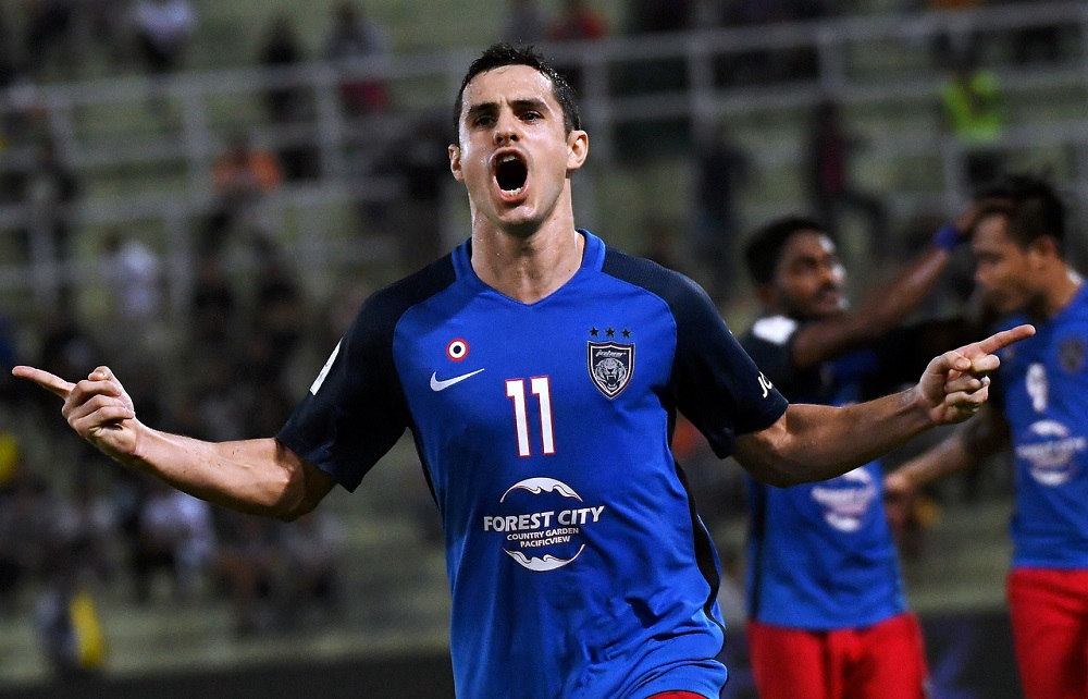 JDT player Gonzalo Gabriel Cabrera Giordano celebrates after scoring a goal during the match against Pahang in Kuantan June 12, 2018. u00e2u20acu201d Bernama pic