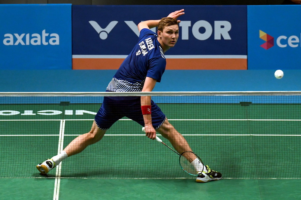 Viktor Axelsen of Denmark in action during his first-round match against Khosit Phetpradab of Thailand at the Celcom Axiata Malaysia Open 2018 in Kuala Lumpur June 26, 2018. u00e2u20acu201d Bernama pic
