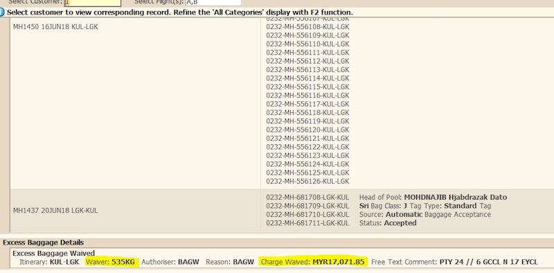 Undated screenshot showing the excess baggage exceeding 535kg and incurred fee of RM17,071.85 that was waived.