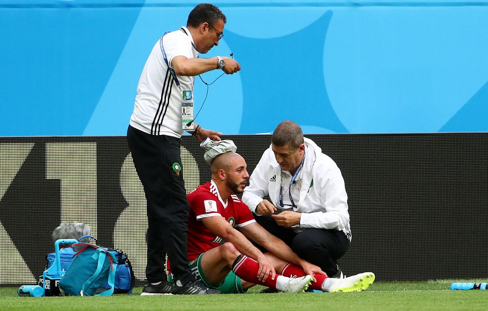 Moroccou00e2u20acu2122s Nordin Amrabat receives medical attention after sustaining an injury during the World Cup Group B -- Morocco vs Iran match in Saint Petersburg Stadium, Saint Petersburg, Russia, June 15, 2018. u00e2u20acu201d Reuters pic