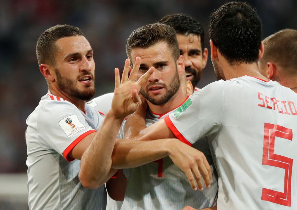 Spainu00e2u20acu2122s Nacho celebrates scoring their third goal with Koke and team mates after their match against Portugal at the  Fisht Stadium, Sochi, Russia, June 15, 2018. u00e2u20acu2022 Reuters pic
