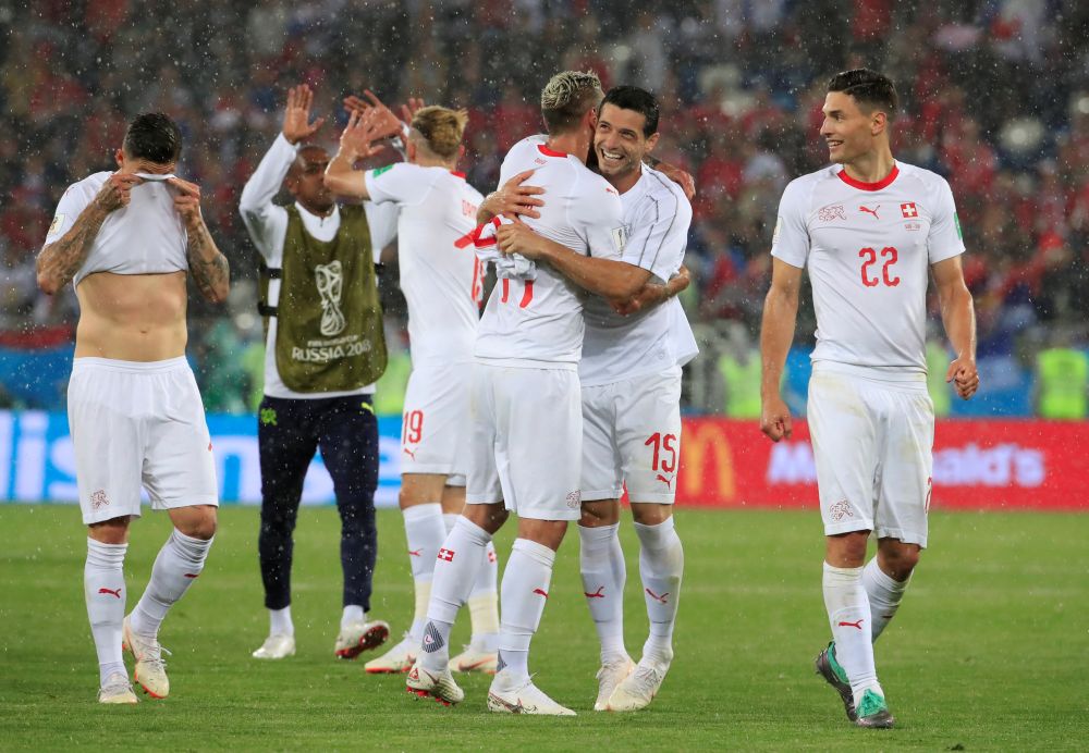 Switzerlandu00e2u20acu2122s Valon Behrami and Blerim Dzemaili celebrate after the match against Serbia Kaliningrad Stadium, Kaliningrad, Russia, June 22, 2018. u00e2u20acu2022 Reuters pic