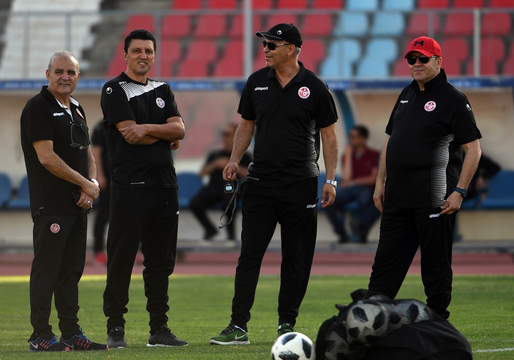 Tunisia's head coach Nabil Maaloul (right) and his staff oversee a training session at the Olympic stadium El Menzah in the Tunisian capital on June 4, 2018, as part of the team's preparation for the upcoming Fifa World Cup 2018 in Russia. u00e2u20acu201d AFP pic