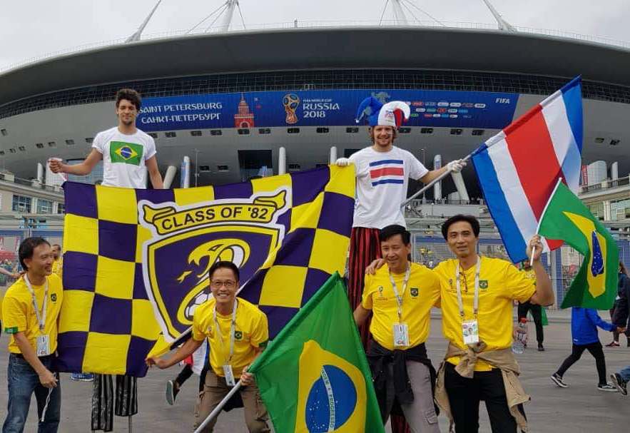 Soaking in the World Cup fever in Russia are four happy old boys (from left) Ong Keng Teong, Eddie Lee, Ng Meng Teck and Michael Kok, from the Class of u00e2u20acu02dc82, MBSKL