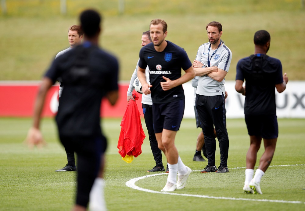England manager Gareth Southgate and Harry Kane during training at St. George's Park, Burton Upon Trent, June 6, 2018. u00e2u20acu201d Reuters pic