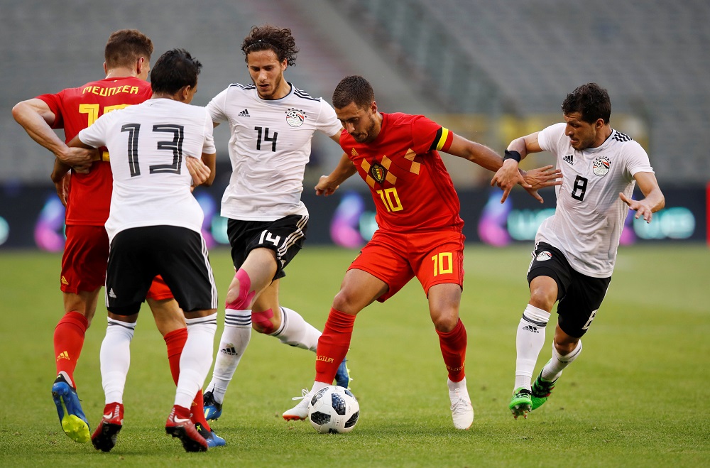 Belgium's Eden Hazard in action with Egypt's Tarek Hamed and Ramadan Sobhi during the International Friendly between Belgium vs Egypt at King Baudouin Stadium, Brussels, June 6, 2018. u00e2u20acu201d AFP pic