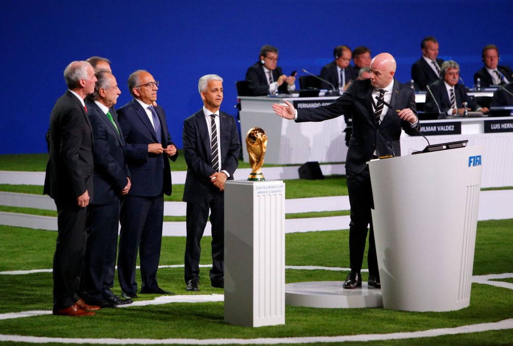 Gianni Infantino (right) delivers a speech after the presentations of the bids to host the 2026 World Cup during the 68th Fifa Congress in Moscow June 13, 2018. u00e2u20acu2022 Reuters pic