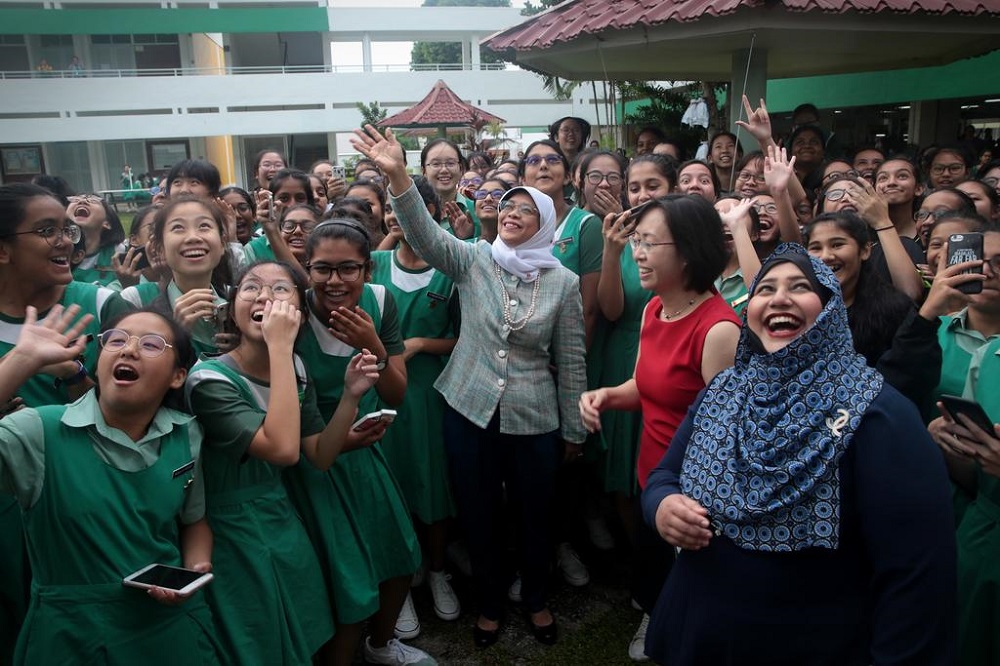 President Halimah Yacob at a dialogue session attended by about 50 student leaders from Tanjong Katong Girlsu00e2u20acu2122 School. u00e2u20acu201d Jason Quah/TODAY pic