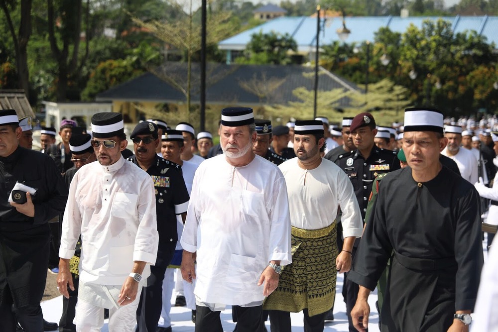 Sultan Ibrahim Sultan Iskandar and Tunku Mahkota Johor Tunku Ismail Sultan Ibrahim leading the funeral procession from Istana Besar to the Mahmoodiah Royal Mausoleum June 6, 2018. 